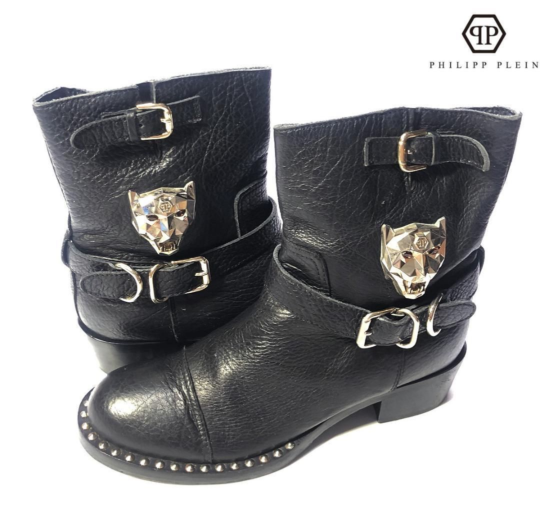 イタリア製| | Philipp Plein フィリッププレイン|エンボスレザー ラウンドトュ メタルパンサー ラインストーン|スタッズ ショートブーツ