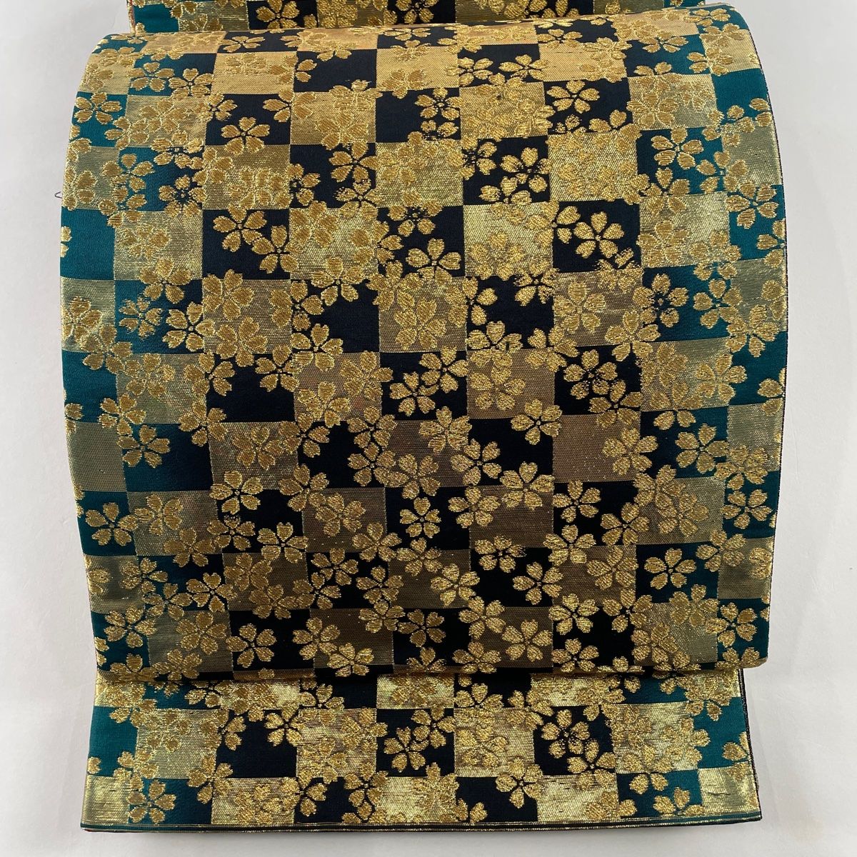 袋帯 美品 秀品 桜 市松 金糸 箔 金色 全通 正絹 【中古