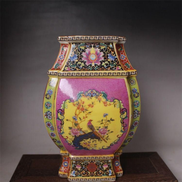 パステル琺瑯彩花鳥蒔絵藍釉四方花瓶 景徳鎮 陶磁器 装飾品 工芸品 美術品 置物 パステル琺瑯彩花鳥蒔絵藍釉四方花瓶 景徳鎮 陶磁器 装飾品 工芸