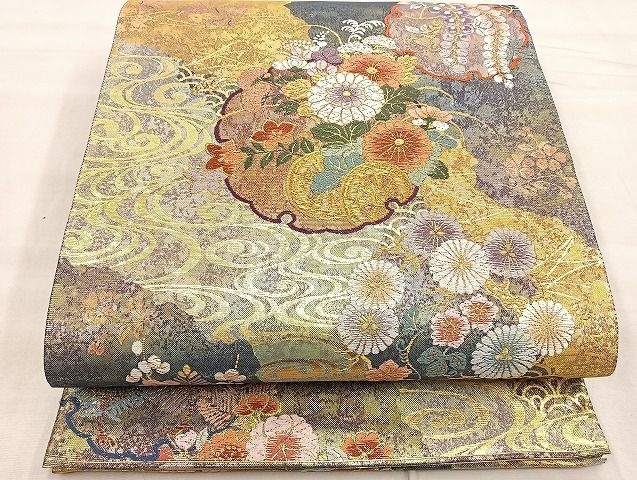 平和屋着物□六通柄袋帯 唐織 鴛鴦花鼓文 純金箔 正絹 逸品
