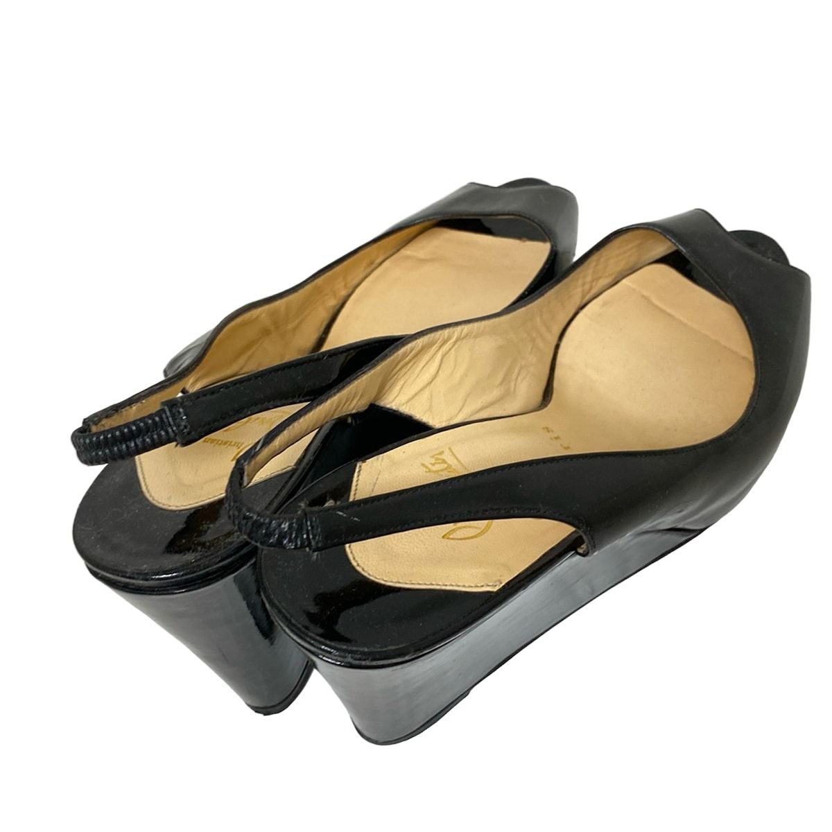 CHRISTIAN LOUBOUTIN クリスチャンルブタン サンダル 38 レディース - 黒 ウェッジソール|オープントゥ|アウトソール張替済 レザー KIN-KAAI_COM