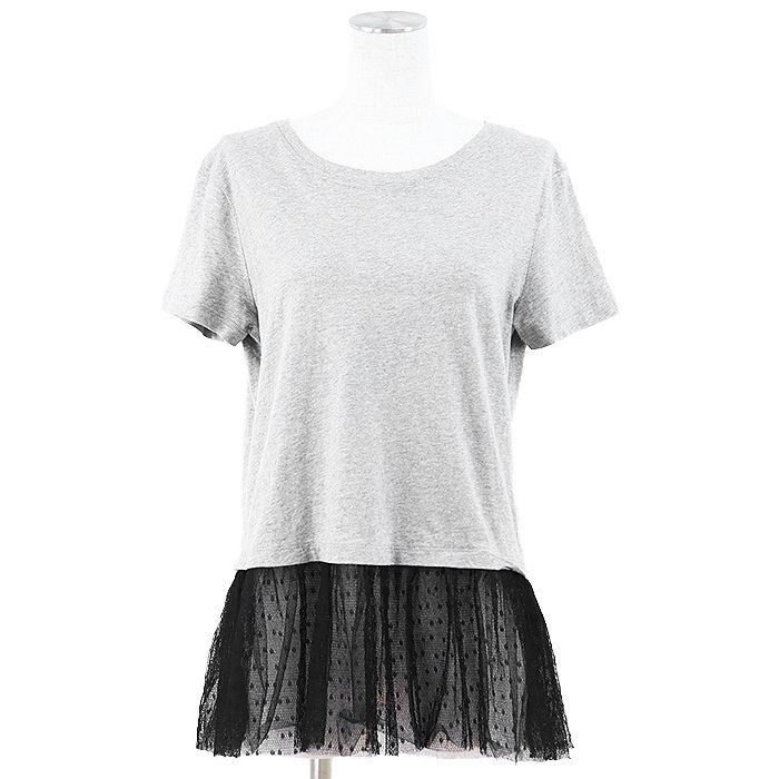 RED VALENTINO レッドヴァレンティノ Tシャツ ショートスリーブ ラウンドネック ドット チュール ドッキング レイヤード風 半袖 コットン100％ トップス レディース サイズ L グレー ブラック 灰色 黒 トルコ製