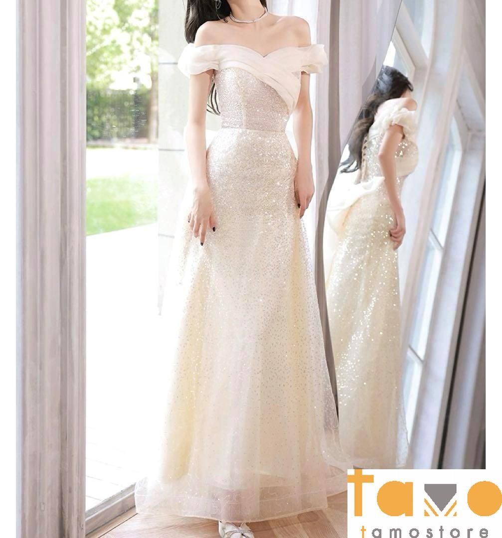 リボンのデザインが可愛くゴージャスオフショルイブニングドレス