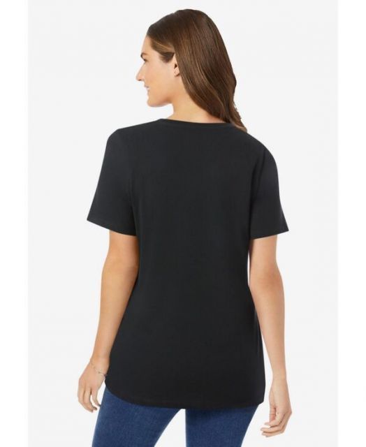 ウーマン ウィズイン レディース シャツ トップス Plus Size Perfect Short-Sleeve V-Neck Tee Black