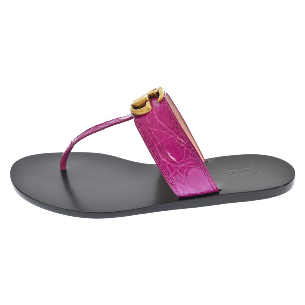 GUCCI GGマーモント クロコレザートング サンダル ブラック ピンク GUCCI GGマーモント クロコレザートング サンダル ブラック ピンク