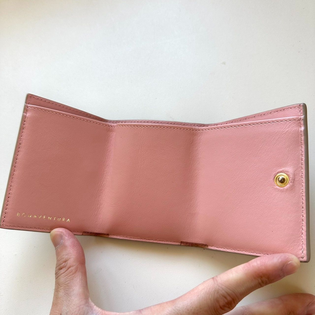 ボナベンチュラ　スモールウォレット三つ折り財布　中古　グレージュ×ベビーピンク ボナベンチュラ BONAVENTURA 三つ折り財布 スモールウォレット