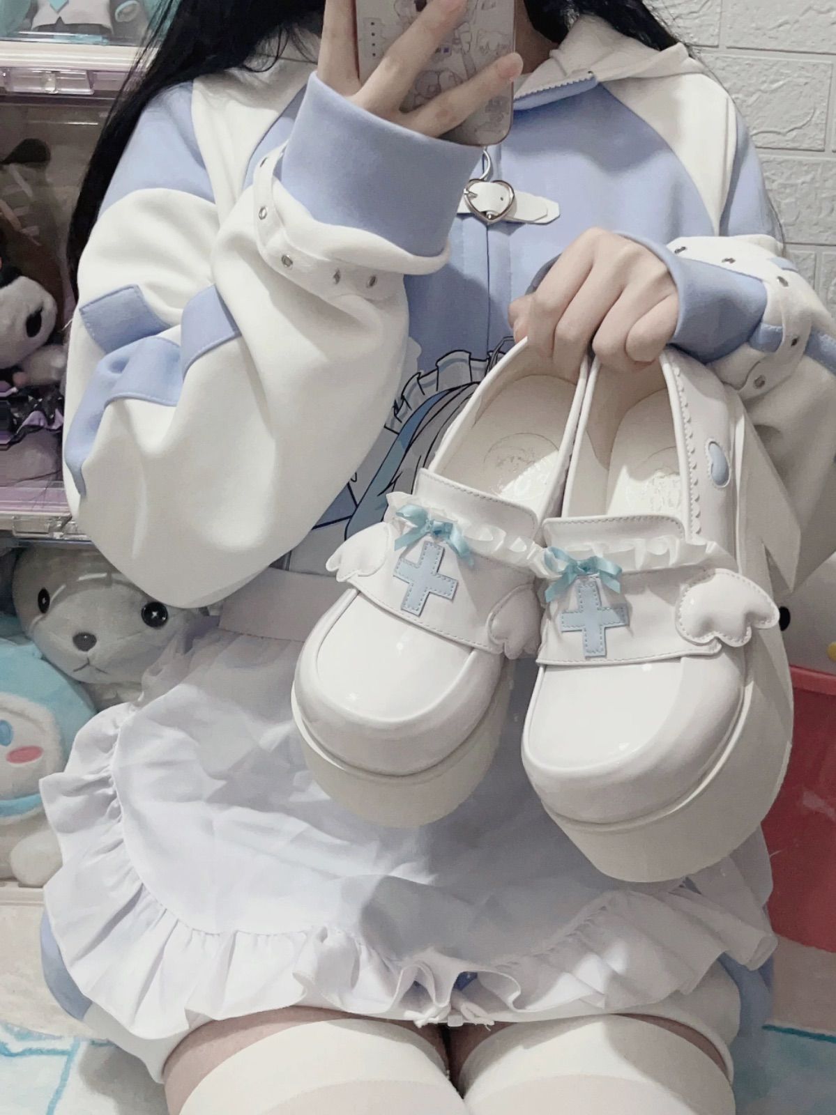 天使界隈 厚底 ブーツ ロリータ スニーカー 水色 コスプレ サブカル 地雷 天使界隈 水色界隈 厚底シューズ 天使の羽 プラットフォーム