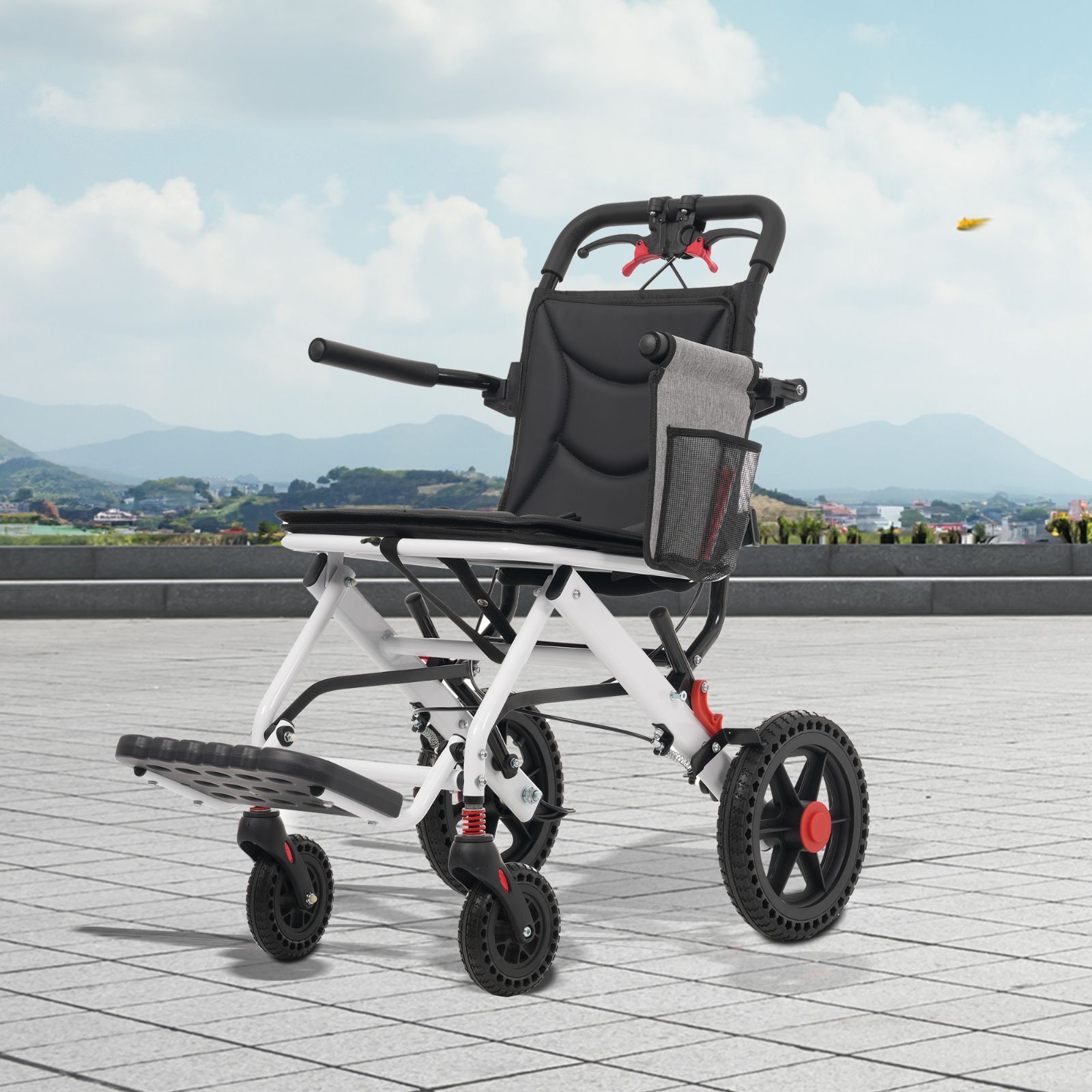 アルミ製軽量車椅子｜機内持ち込み対応｜自立 折りたたみ式｜介助ブレーキ付き｜四輪キャスター｜座面付きコンパクトデザイン｜耐荷重 100kg｜介護福祉用品｜おしゃれなブラックモデル ｜N508P261468B