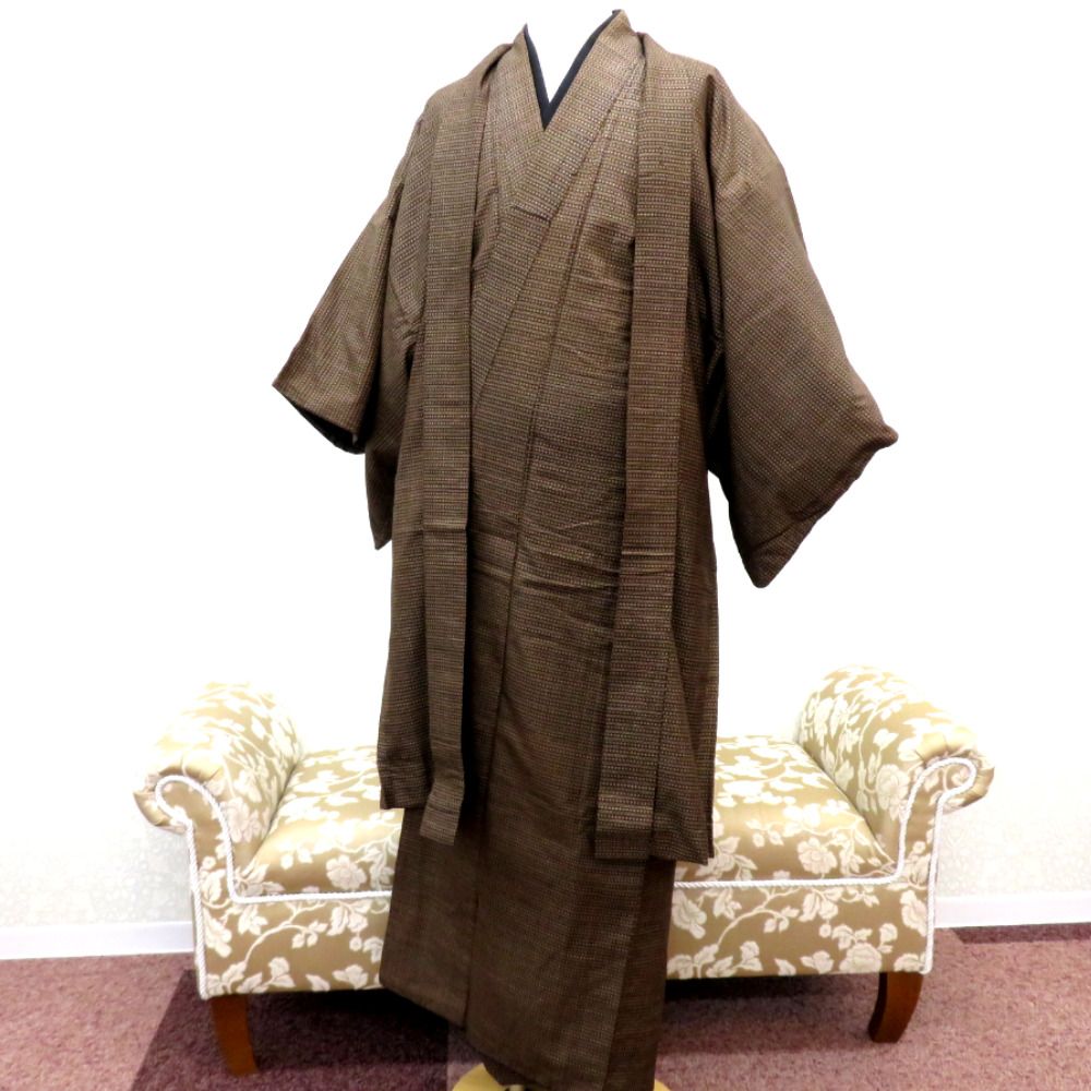 男着物 男性用 紬アンサンブルセット 袷 茶 ベージュ 正絹 男性用 男着物 男性用 紬アンサンブルセット 袷 茶 ベージュ 正絹 男性用
