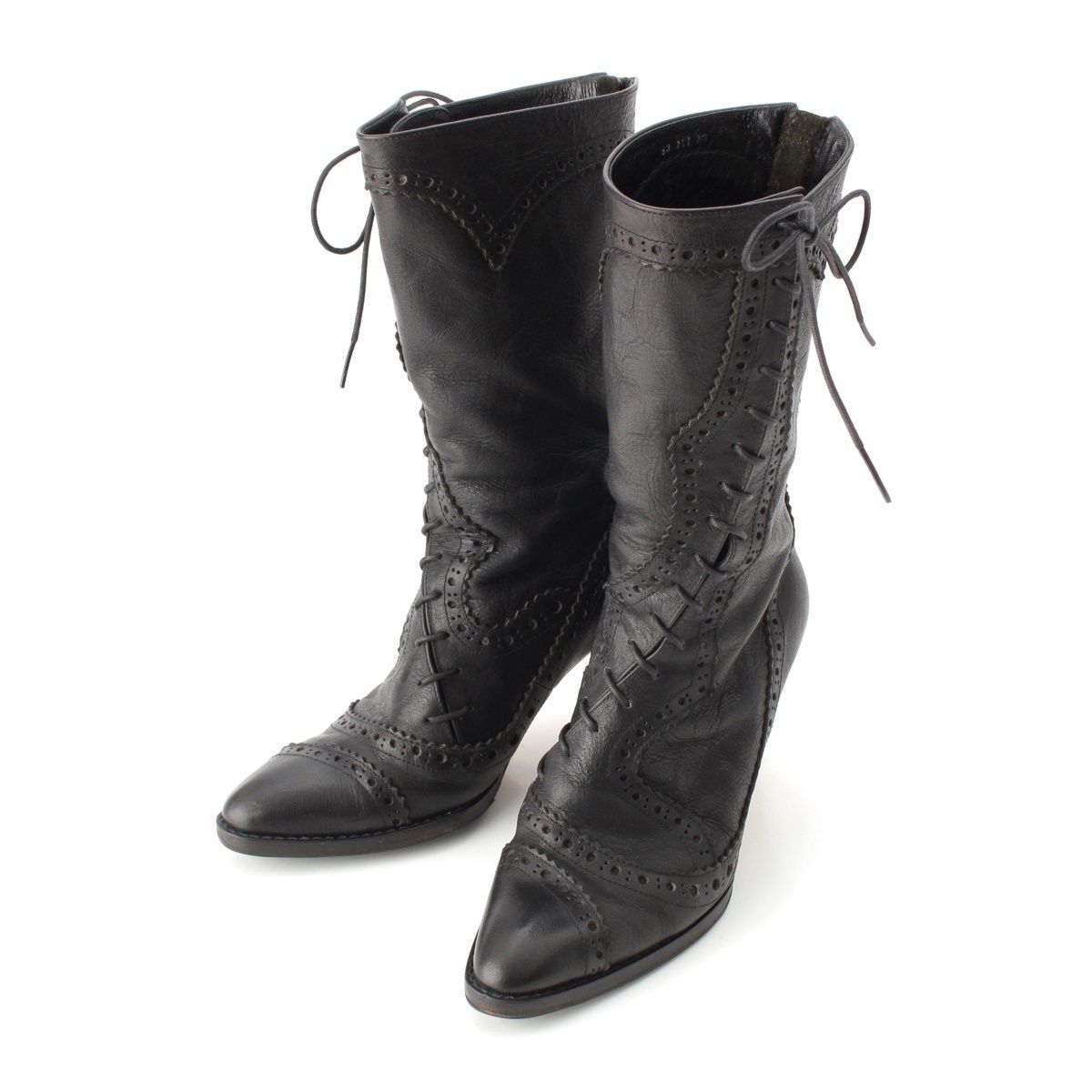 イッセイミヤケ レザー アーカイブ ウエスタン レースアップ ヒール ロング ブーツ IM53-AJ117 ブラック 23cm
