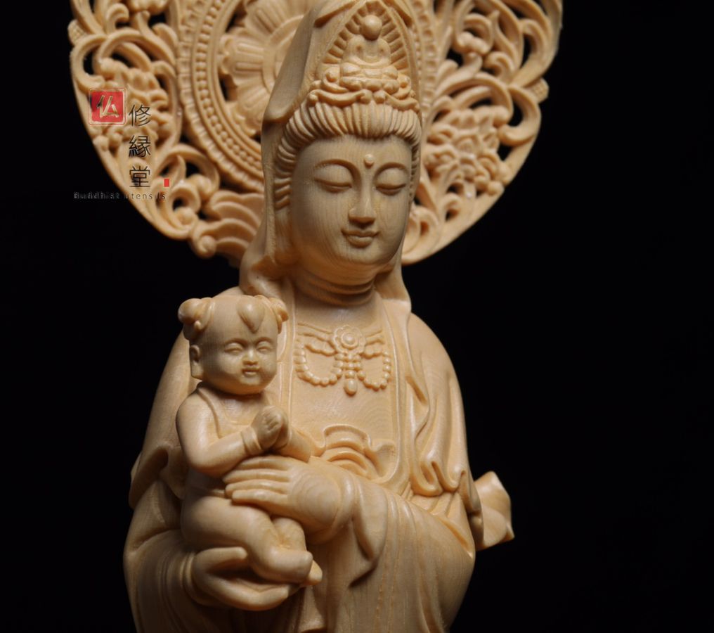 木彫り 仏像 送子観音菩薩立像 彫刻 一刀彫 天然木檜材 仏師で仕上げ 修縁堂】木彫り 仏像 送子観音菩薩立像 彫刻 一刀彫 天然木檜材