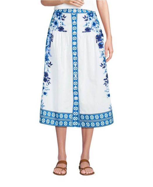 【送料無料】 ランズエンド レディース スカート ボトムス Women's Poplin Border Print Midi Skirt - Set Bottom Blue/white floral mosaic
