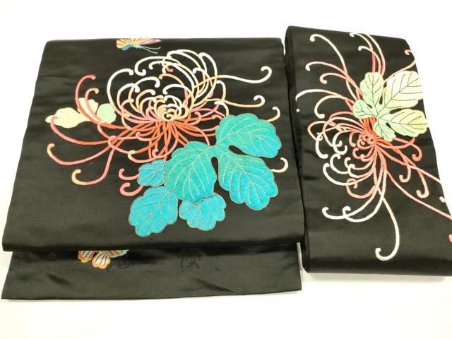平和屋着物●アンティーク 大正ロマン つけ帯 総刺繍 花蝶文 乱菊 黒地 金糸 正絹 DAAY8203cm
