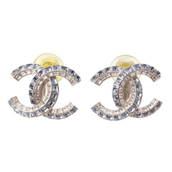 【シャネル】Chanel　F19P ココマーク ラインストーン ピアス イヤリング シルバー×ブルー 【中古】【鑑定済・正規品保証】200511