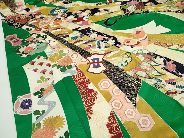 平和屋本店□極上 創業460年・千總 振袖 駒刺繍 宝尽くし 金彩 常盤色