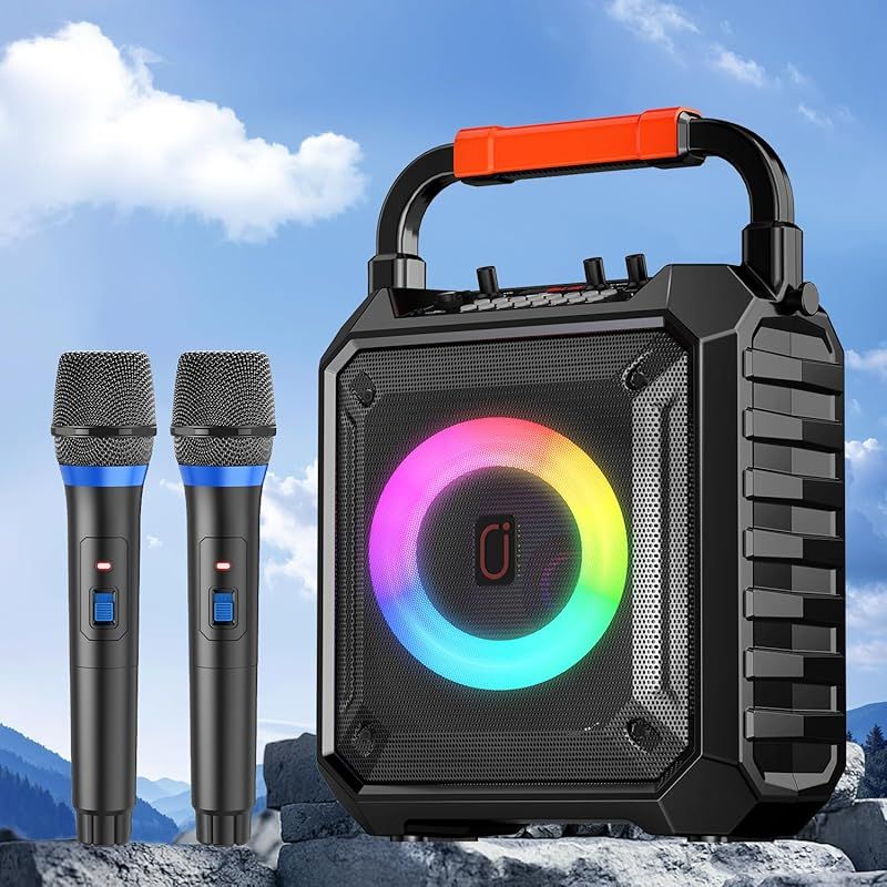 スピーカーセット JYX カラオケセット 家庭用 拡声器 ワイヤレスマイク ２本 Bluetooth 5.1 小型 PAセット 小型 カラオケマシン ポータブルスピーカー SDカード USB AUX Android 対応 ホームパーティー|会議|スピーチ| 1
