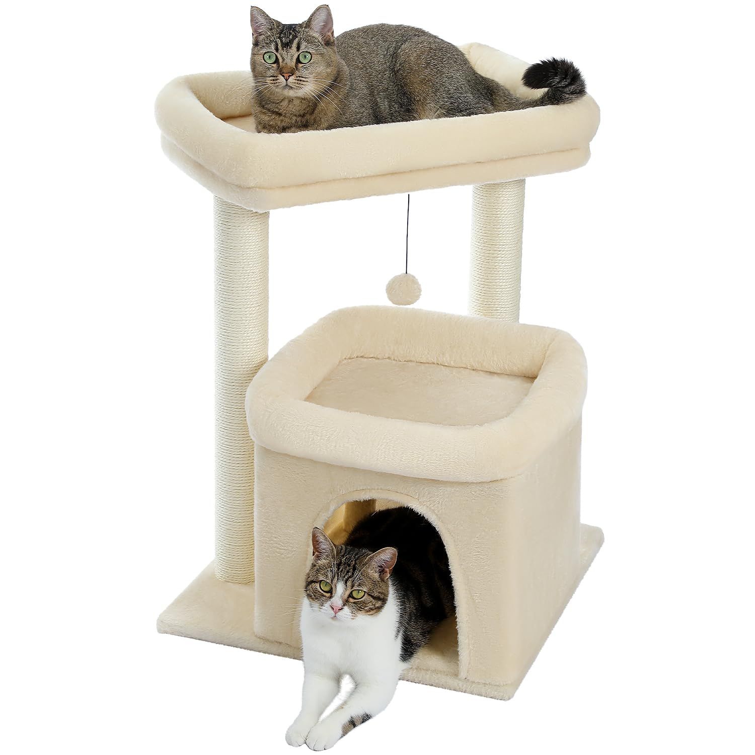 数量 PETEPELA ぺテぺラ キャットタワー 低め 大型猫 ペット 階段代わり 広いベッド ハウス 隠れ家 爪とぎ 麻紐 多頭飼い シニア猫 おもちゃ ポンポン 組立 据置 運動不足 クッション 取り外し - ベージュ 高さ65cm