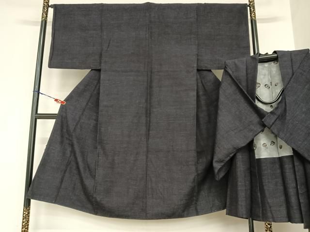 平和屋着物●男性 結城ちぢみ アンサンブル 杢無地 漆黒色 正絹 AABA8829zg