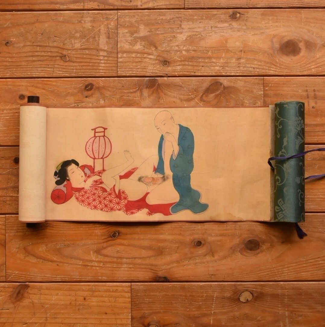 肉筆 春画巻物 3m超え 無落款 全12図 中国民画風の素朴な色合いと