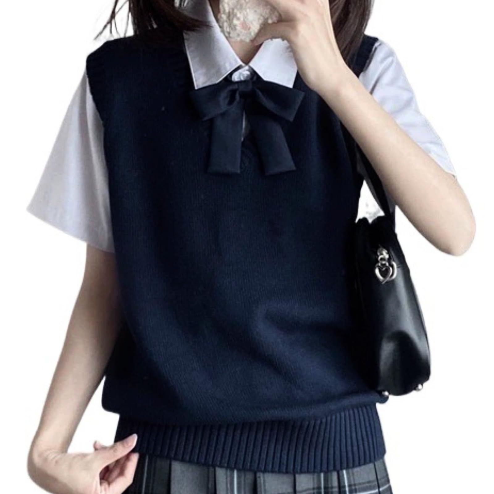 [FARFADET] スクールベスト 綿100％ ニット Vネック トップス ガールズ レディース 無地 通学 通勤 チョッキ オフィス シンプル 制服 (M， ネイビー) [ネイビー] [M]