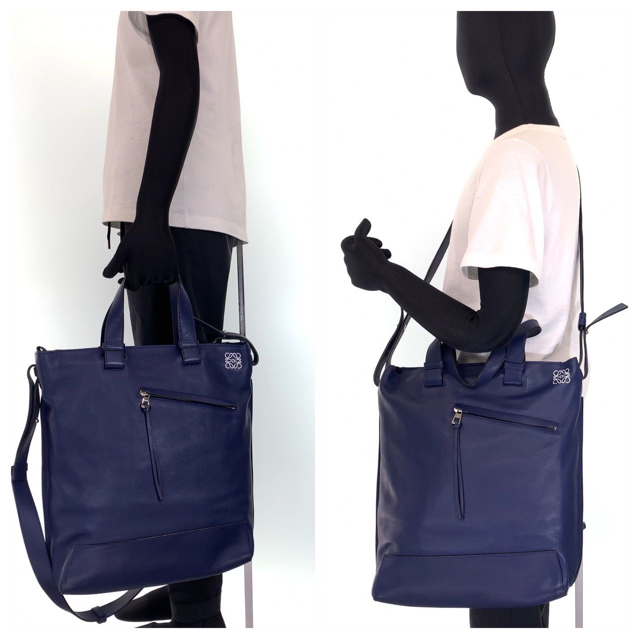 LOEWE ロエベ アントン シルバー金具 ネイビー ホワイト レザー 