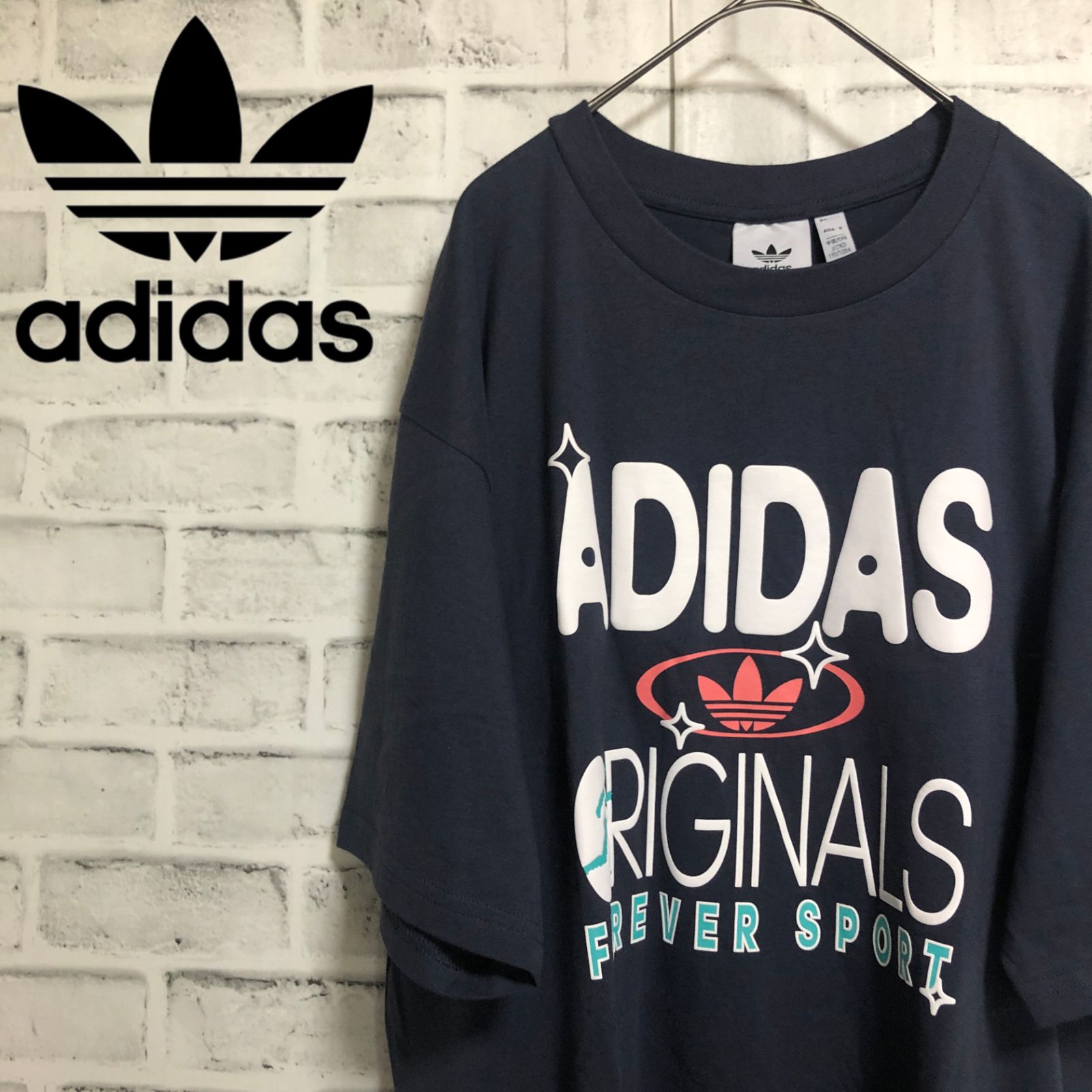 美品XXL⭐️アディダスオリジナルス ビッグADIDAS&トレファイルロゴ Tシャツ ネイビー