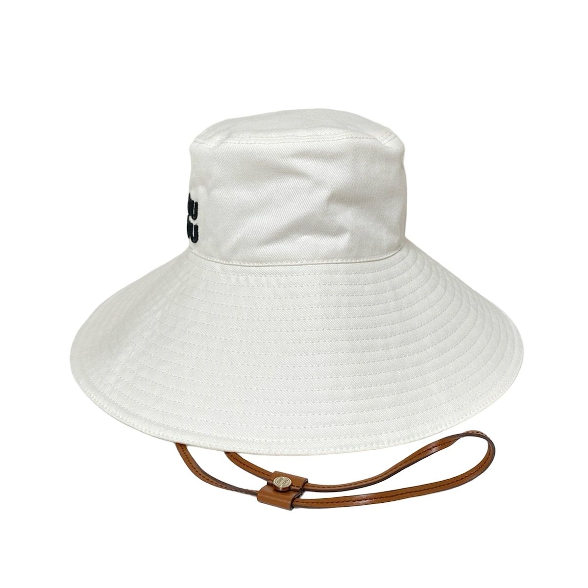 miumiu ミュウミュウ ハット S - 白×黒×ダークブラウン ロゴ コットン レザー