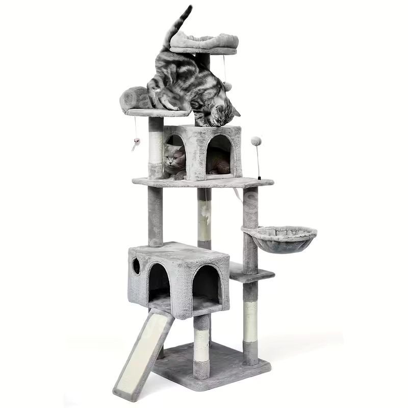 キャットタワー 猫タワー 大型猫用 据え置き ハンモック付き シンプル おしゃれ 可愛い インテリア 北欧 多頭飼い 展望台 隠れ家 爪とぎ おもちゃ 運動不足解消 安定 スリム 省スペース グレー 天然麻紐 高さ170cm