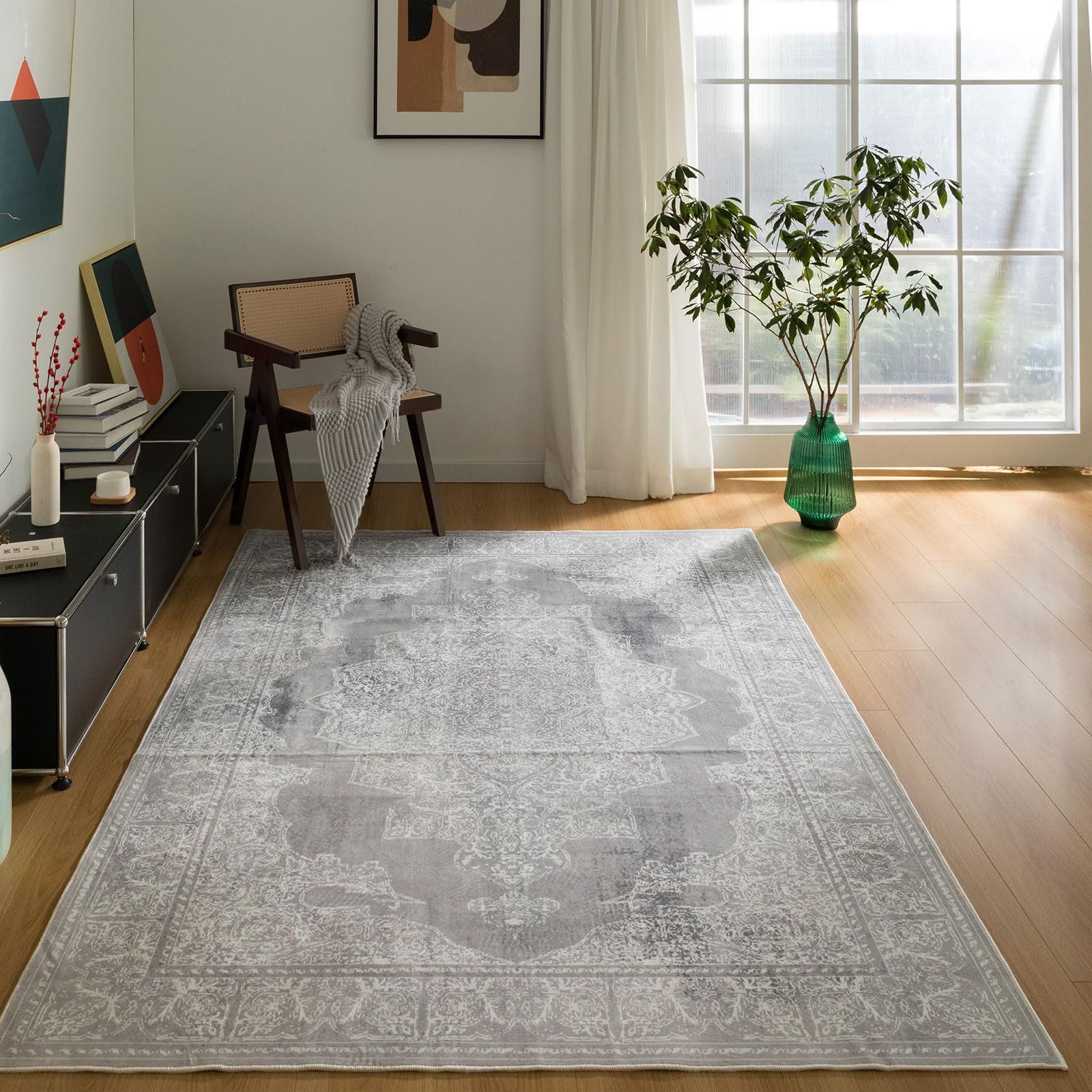 滑り止め 軽量 オールシーズン 防ダニ 花柄 洗える 160X230CM 防臭 マット ラグ グレー 3畳 3畳 絨毯 床暖房対応 ペルシャ カーペット