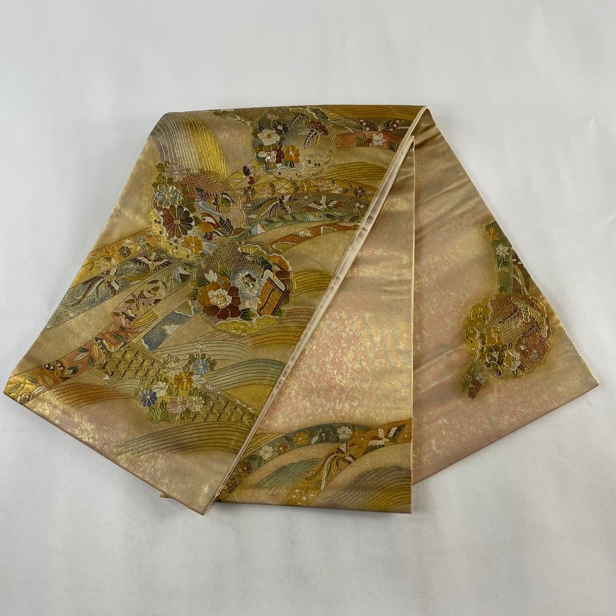袋帯 美品 秀品 鴛鴦 草花 金彩 螺鈿 茶緑色 お太鼓柄 正絹 【中古】 - メルカリ