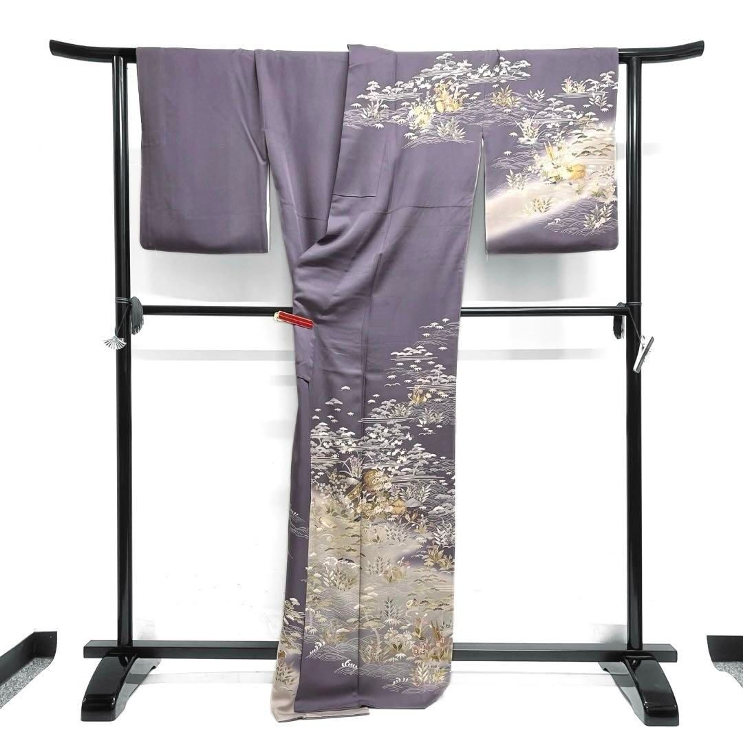 訪問着　金駒刺繍　金彩　楽器　松　竹　菊　桔梗　波　紋無し　着物　071a d 訪問着 金駒刺繍 金彩 楽器 松 竹 菊 桔梗 波 紋無し 着物 071a