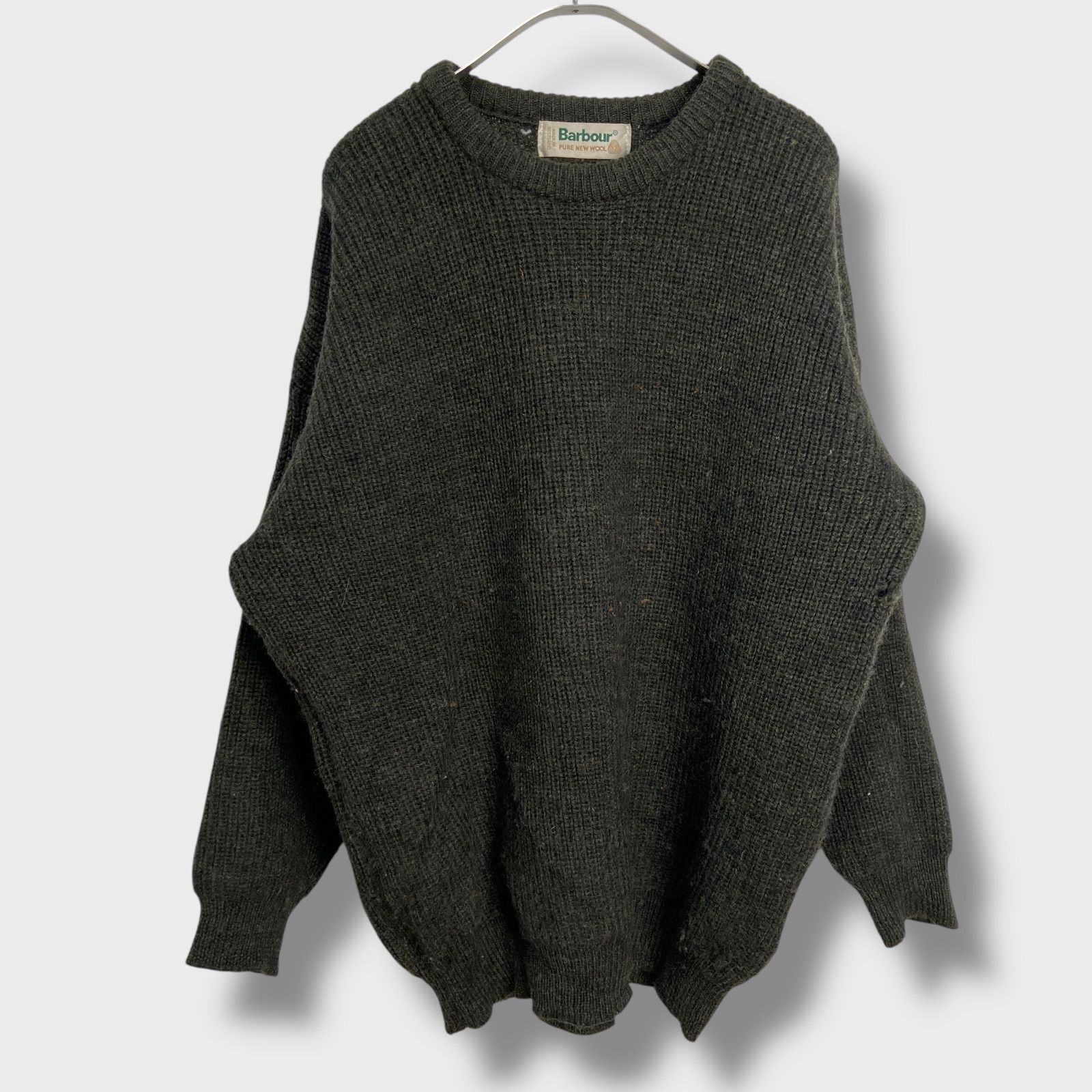 Barbourバブアー90sスコットランド製ウールニットミックス混無地カーキC48/122cmXL相当B25M