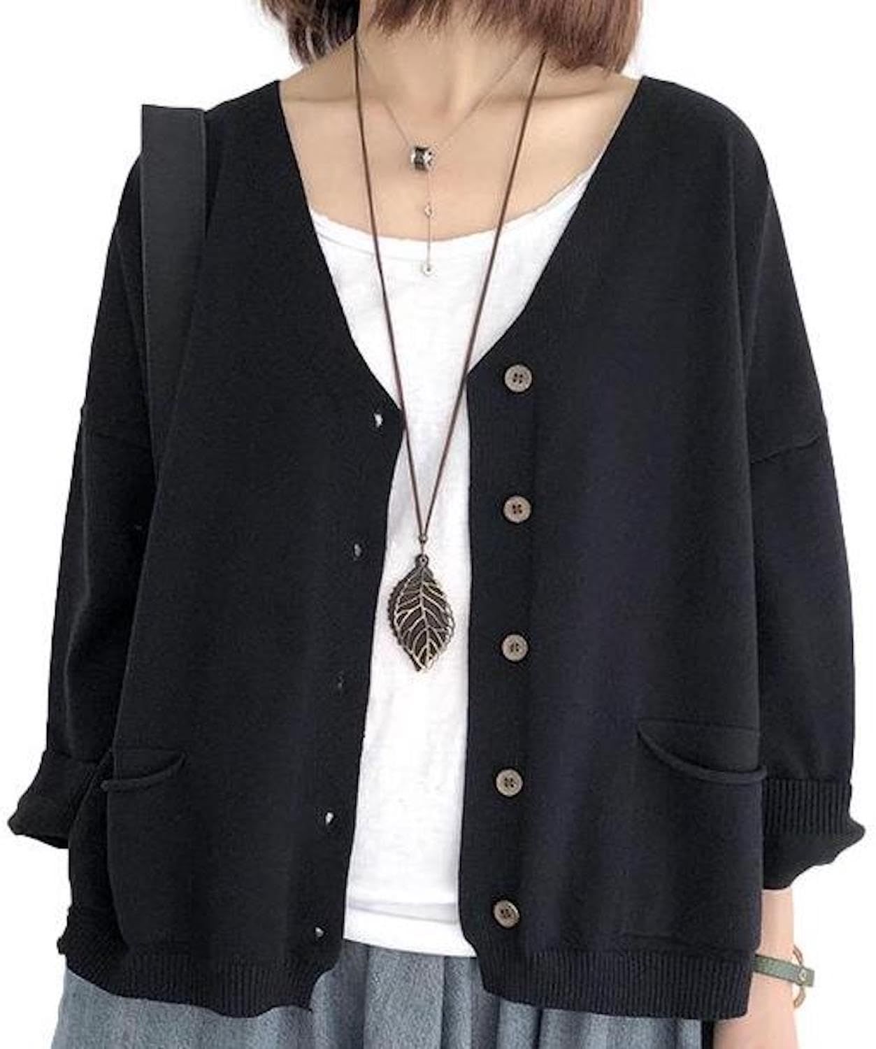 Size L_Color ブラック アパンプ ニット カーディガン 秋 アウター ゆったり 長袖 Vネック 無地 シンプル レディース M ? XL ブラック L