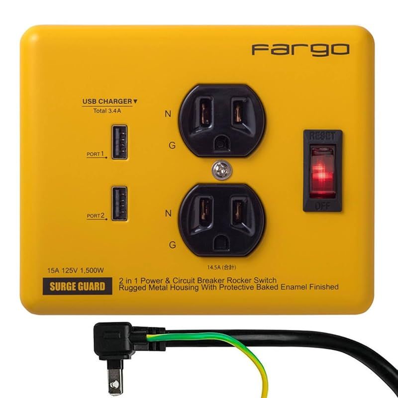 ファーゴ 電源タップ USB 3.4A 3ピン コンセント 2個口 雷ガード イエロー 1.8m PT410YE 1