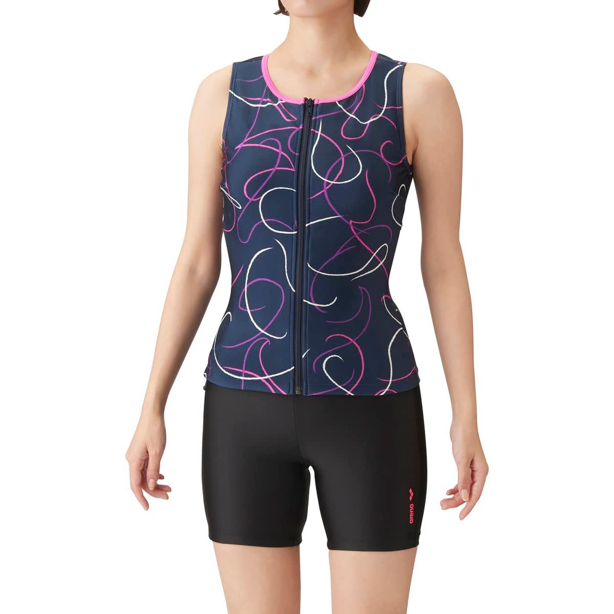 アリーナ セパレート水着 フィットネスセパレーツ カバーバック 差し込みパッド レディース ネイビー×ブラック×ピンクF NVY S