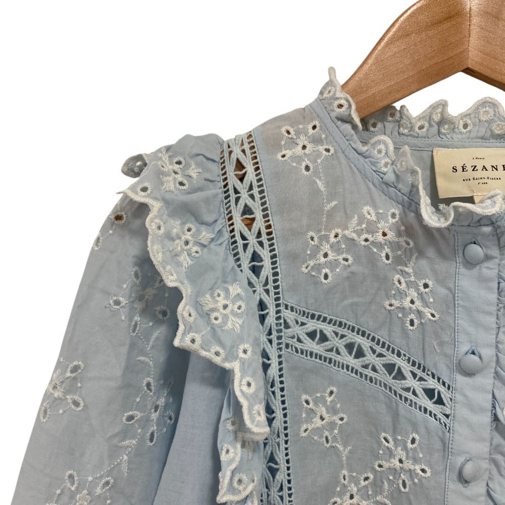 美品 SEZANE セザンヌ 長袖 フリルレース ブラウス シャツ サイズ34 ライトブルー レディース 古着 中古 美品 SEZANE セザンヌ 長袖 フリルレース ブラウス シャツ
