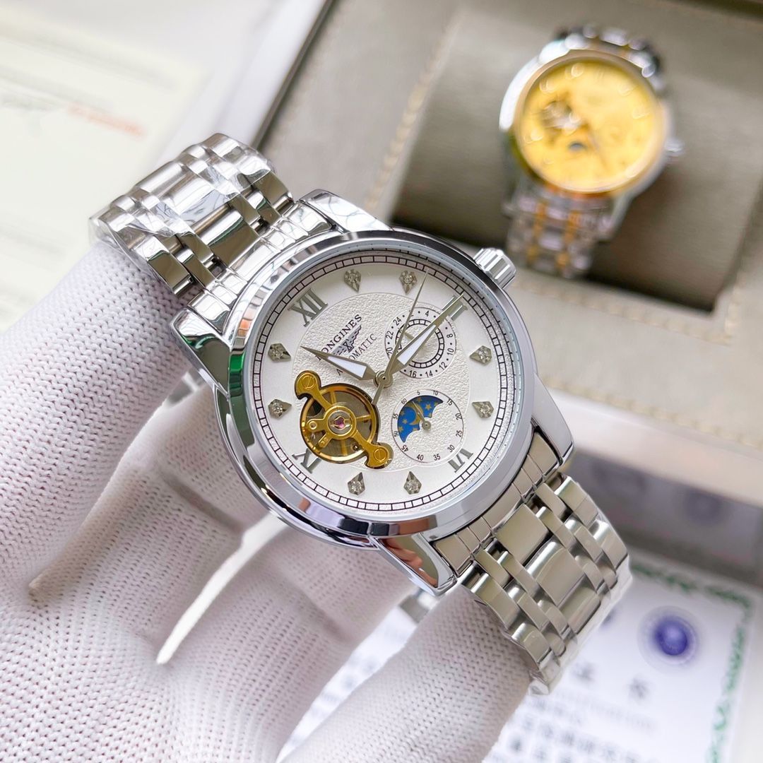 【芸術的技術】ロンジン トゥールビヨン メンズ42mm｜超薄5.2mm機芯×2WAYベルト｜ジュネーブ仕上げ/日月表示