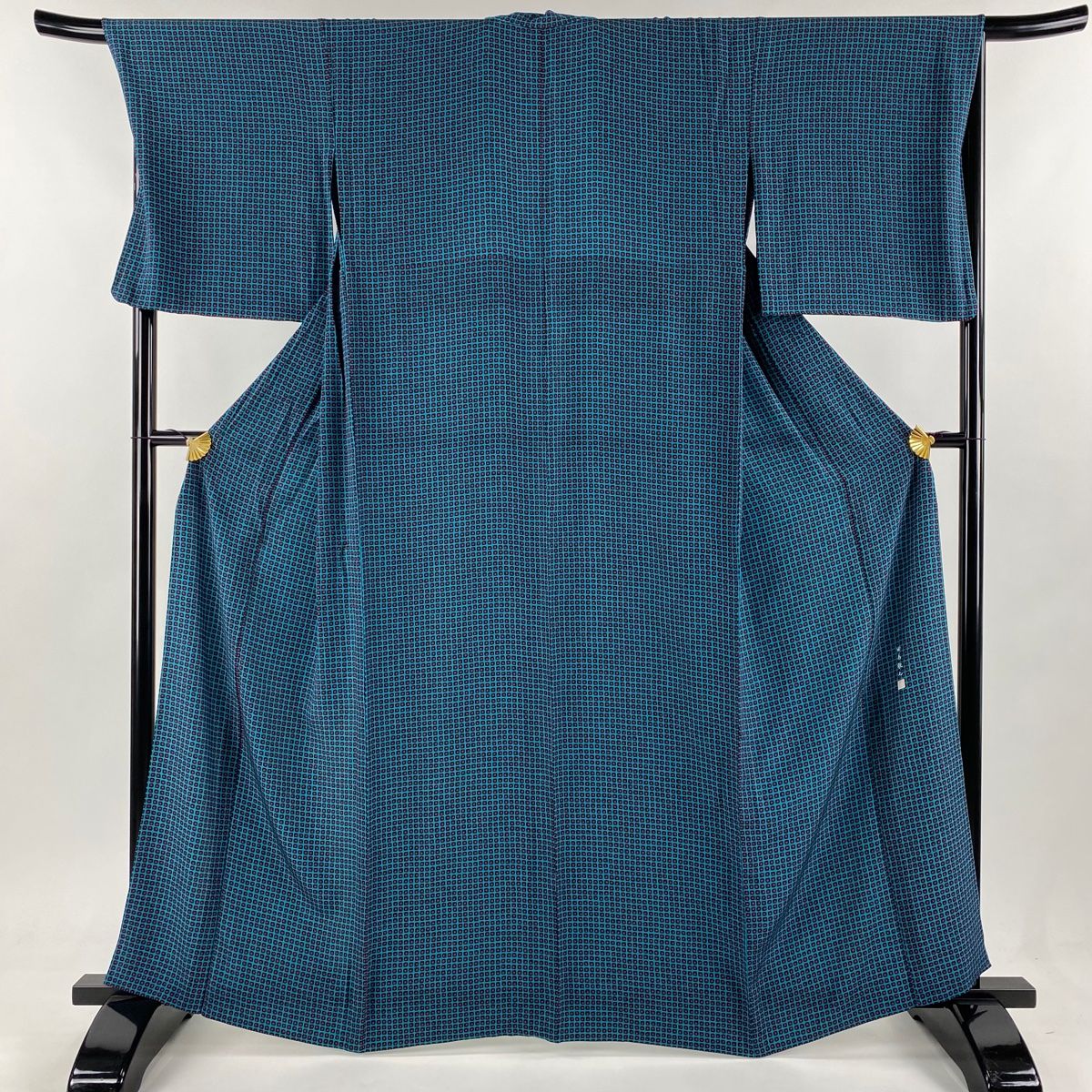 小紋 身丈162.5cm 裄丈69cm L 単衣 落款 証紙 幾何学 青緑 正絹 名品