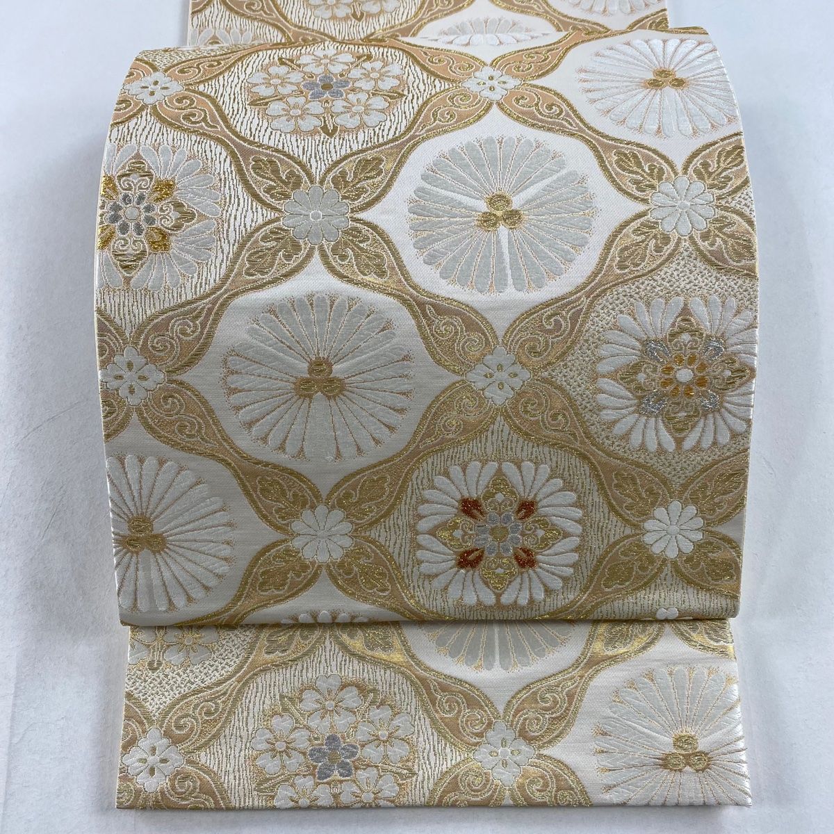 袋帯 名品 唐松 桜 金糸 箔 クリーム 六通 正絹