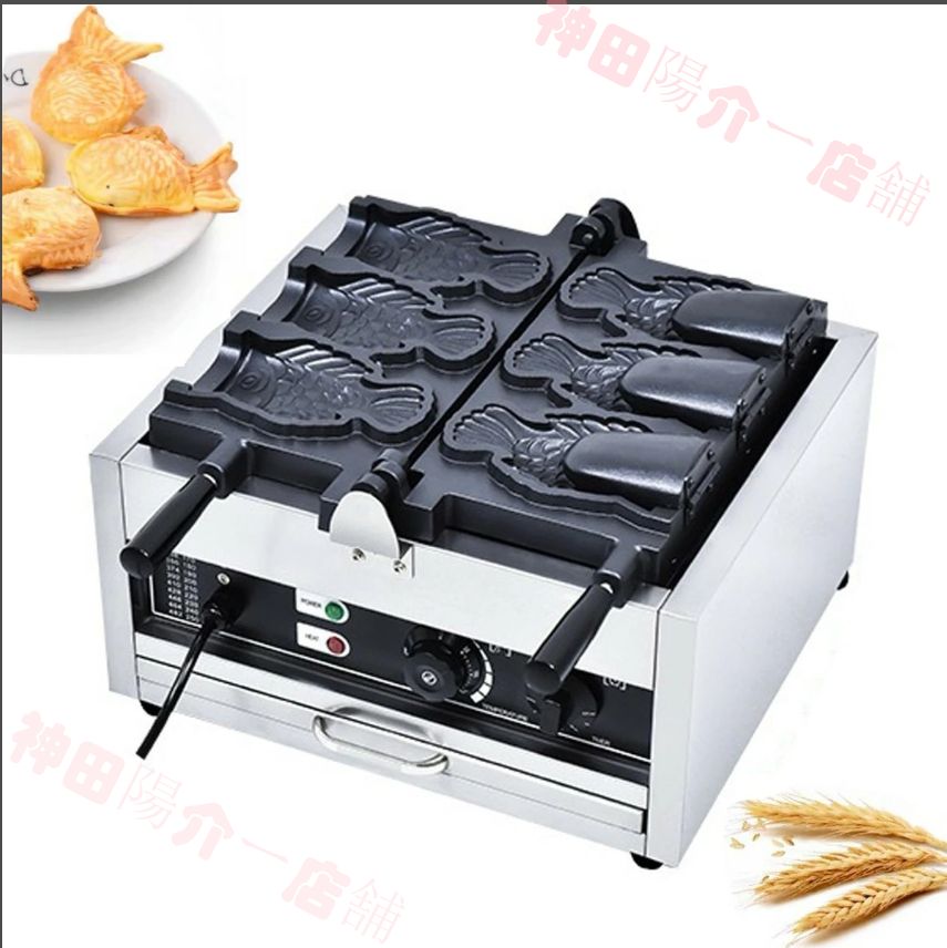 たい焼き器 鯛焼きメーカー 電動鯛焼き機 電気たい焼き機 電気加熱たい焼き焙煎機 電気加熱鯛型ベーキングマシン 3枚焼き開口式 時間 温度制御機能付き 取り外し な受け皿
