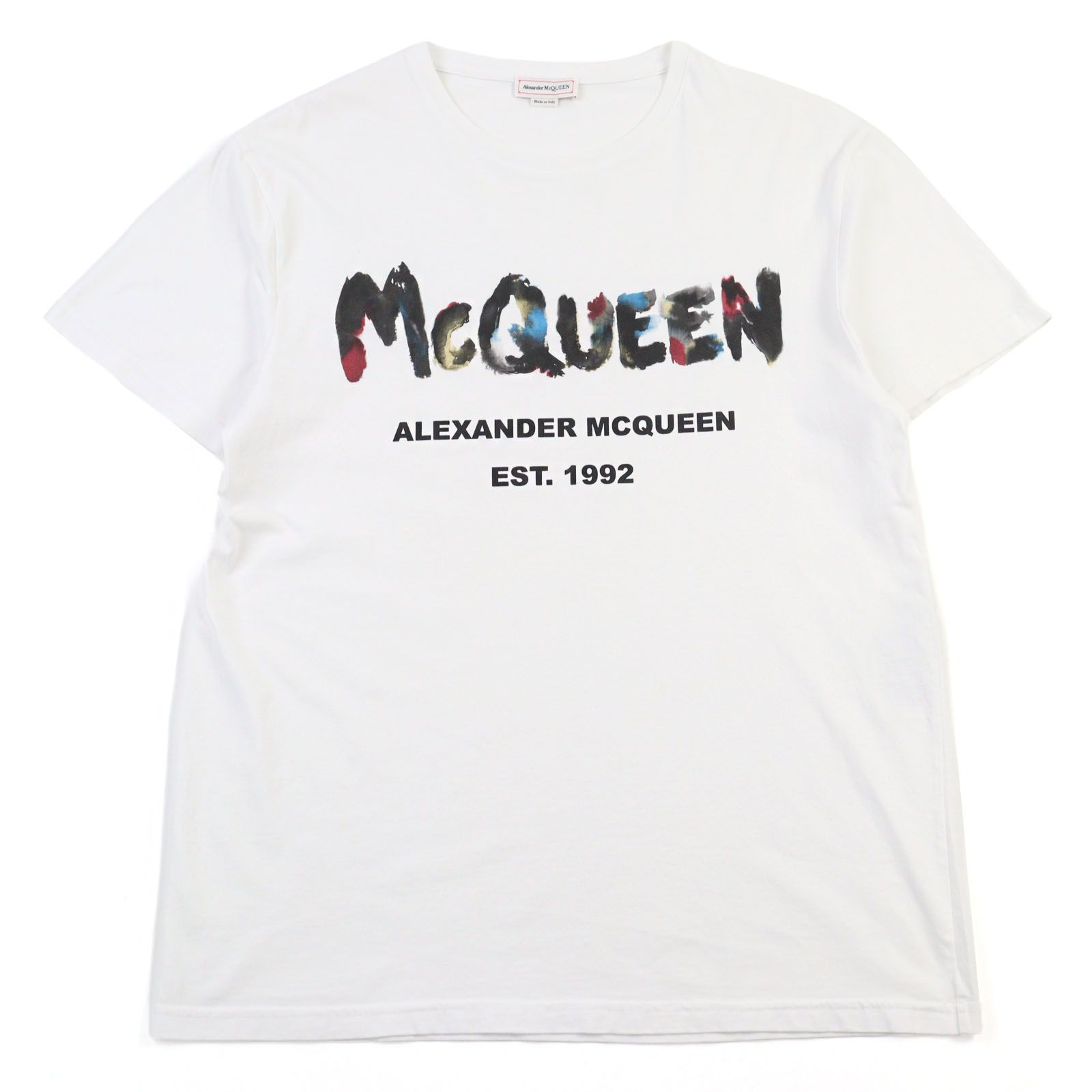 ○Alexander McQueen アレキサンダーマックイーン 2025年製 727285 コットン ロゴプリント クルーネック 半袖Ｔシャツ ホワイト系 S イタリア製 正規品 メンズ