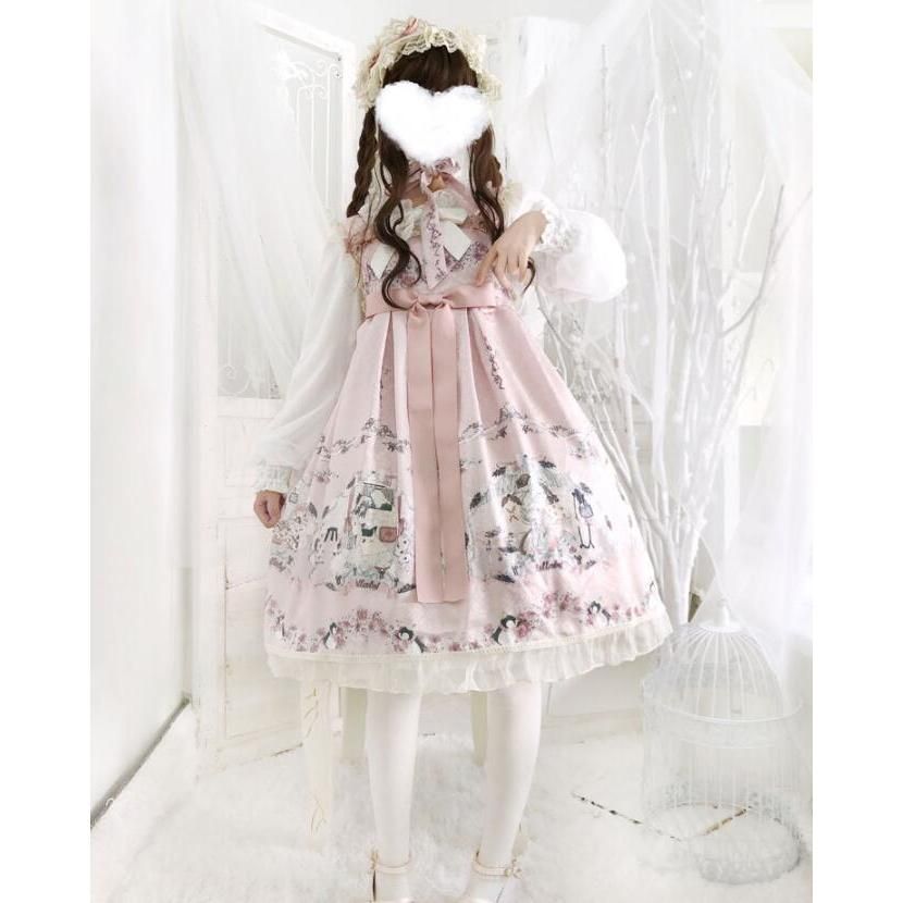 ロリータ ワンピース ジャンパースカート ロング丈 ロリータ服 ハイウエスト 花柄 リボン フリル裾 かわいい 甘ロリータ 大人 ジュニア ゴスロリ ロリッタ Lolit