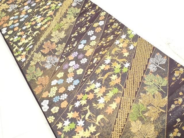 希少な逸品!!! 高級 袋帯 【正絹 六通】 花文様×鹿 重厚な織り 平和屋着物◎六通柄袋帯 鹿の子花松文 鹿 金糸 引箔 正絹 逸品