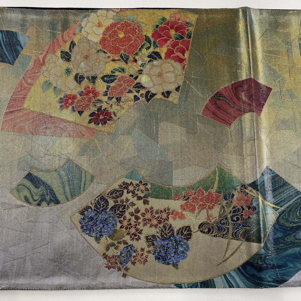 袋帯 美品 名品 落款 草花 扇面 箔 螺鈿箔 灰緑 お太鼓柄 正絹