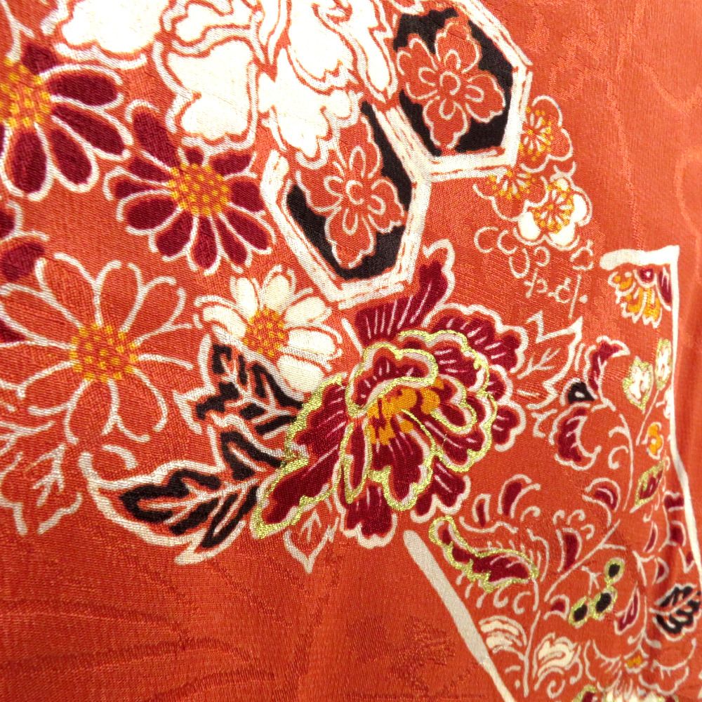 アンティーク 袷 茶 白 赤 黒 金 花 地模様入 バチ衿 正絹 レトロ 明治