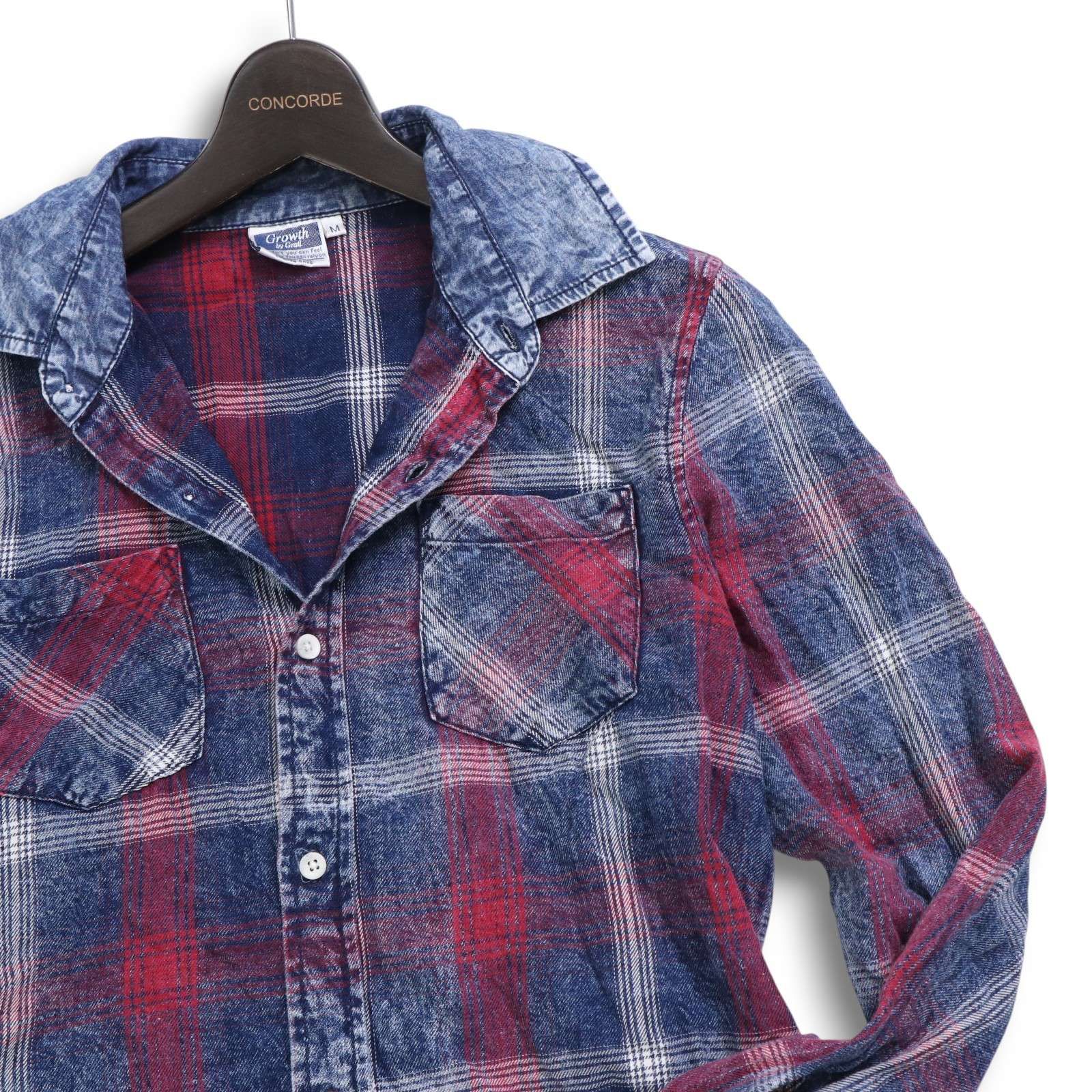 Growth by Grail グロースバイグレイル 通年 ウォッシュ加工 長袖 デニム チェック シャツ Sz.M メンズ