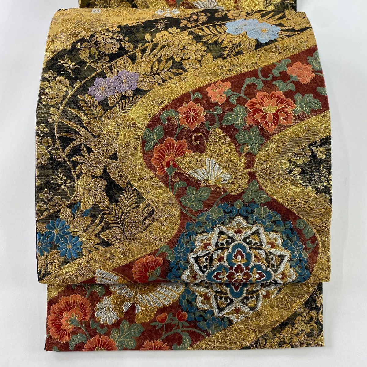 袋帯 秀品 華文 蝶 金銀糸 箔 金色 六通 正絹