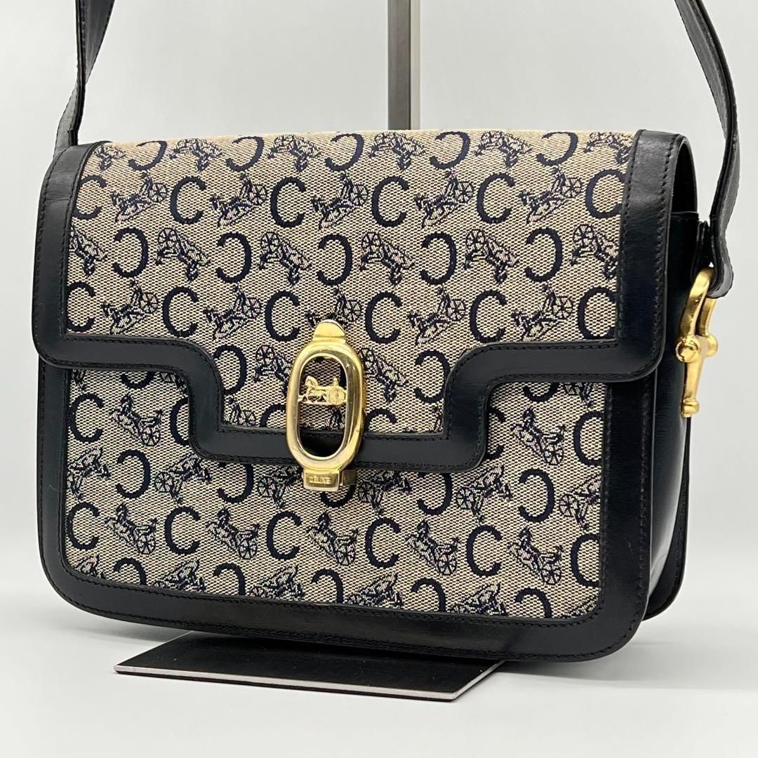 本物 セリーヌ CELINE Cサルキー 馬車金具 ショルダーバッグ キャンバス レザー ネイビー C Sulky バッグ 中古