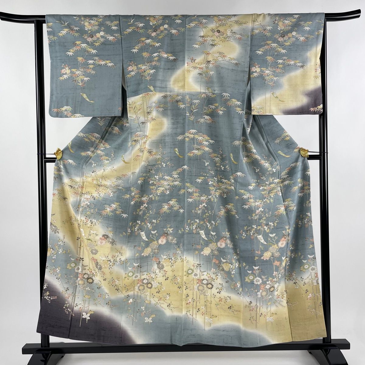 訪問着 身丈158cm 裄丈64cm M 袷 紬地 秋草 短冊 ぼかし 染め分け 青  