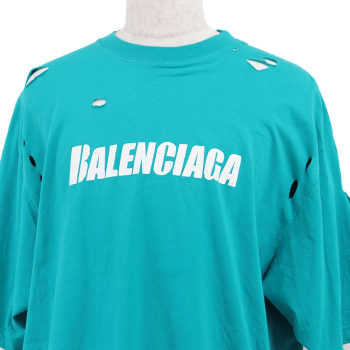 BALENCIAGA バレンシアガ 半袖Tシャツ 2021年製 デストロイ ダメージ クラックロゴプリント ビッグシルエット コットン カットソー トップス UNIFIT メンズ レディース ユニセックス サイズ M ターコイズ ポルトガル製